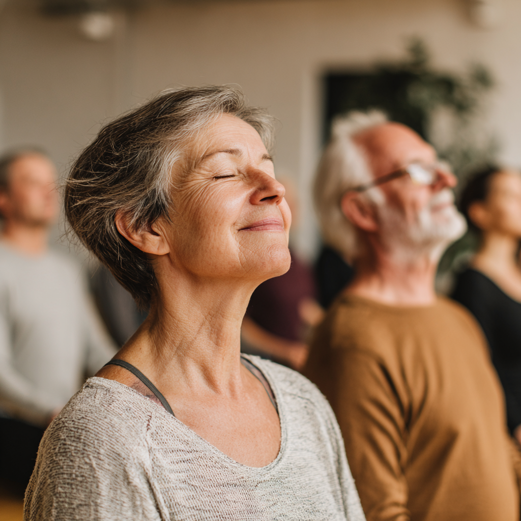 Peaceful woman in her 40s practicing slow yoga in a serene Hungarian countryside setting with thermal spring background