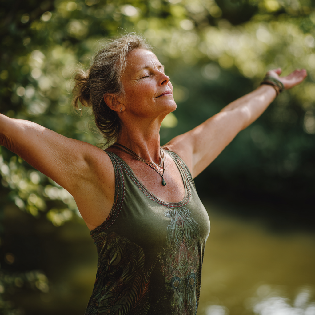 Calm Hungarian man in his 50s demonstrating gentle yoga breathing techniques in a peaceful indoor studio environment