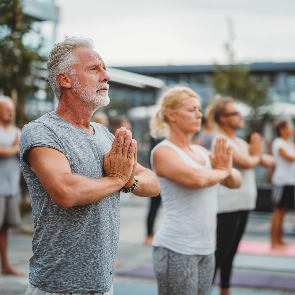 Diverse group of Hungarian adults of various ages practicing gentle yoga together in a traditional Hungarian wellness setting with natural thermal elements